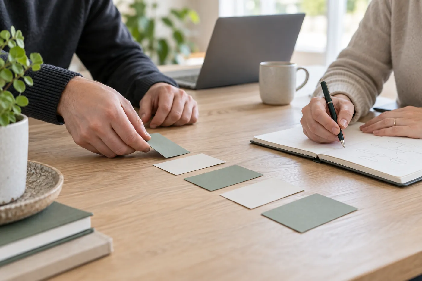 Twee mensen ordenen werkstappen met kaartjes en een notitieboek